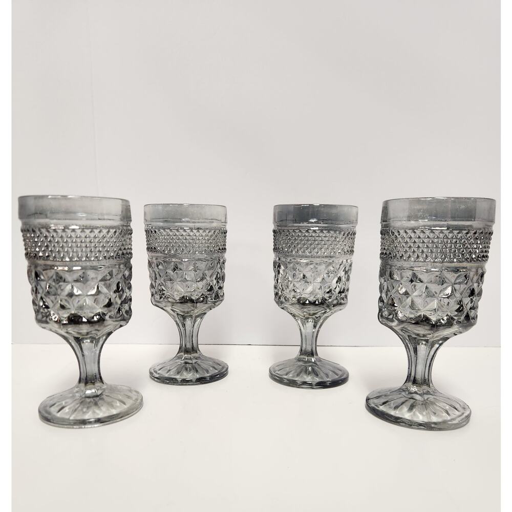 Vintage Smoky Gray Pressed Glass Goblets Set of 4 – Diamond Point Pedestal
